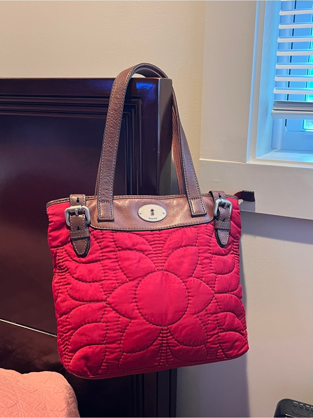 FOSSIL “Key-Per” Quilted Cranberry Tote with Brown Leather Trim